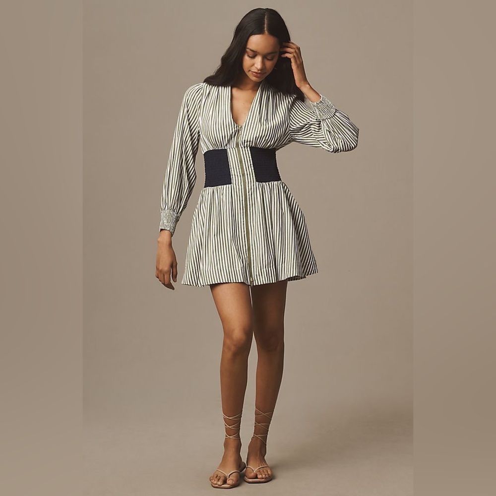 Anthropologie Striped Long-Sleeve Mini Dress in Ivory and Navy